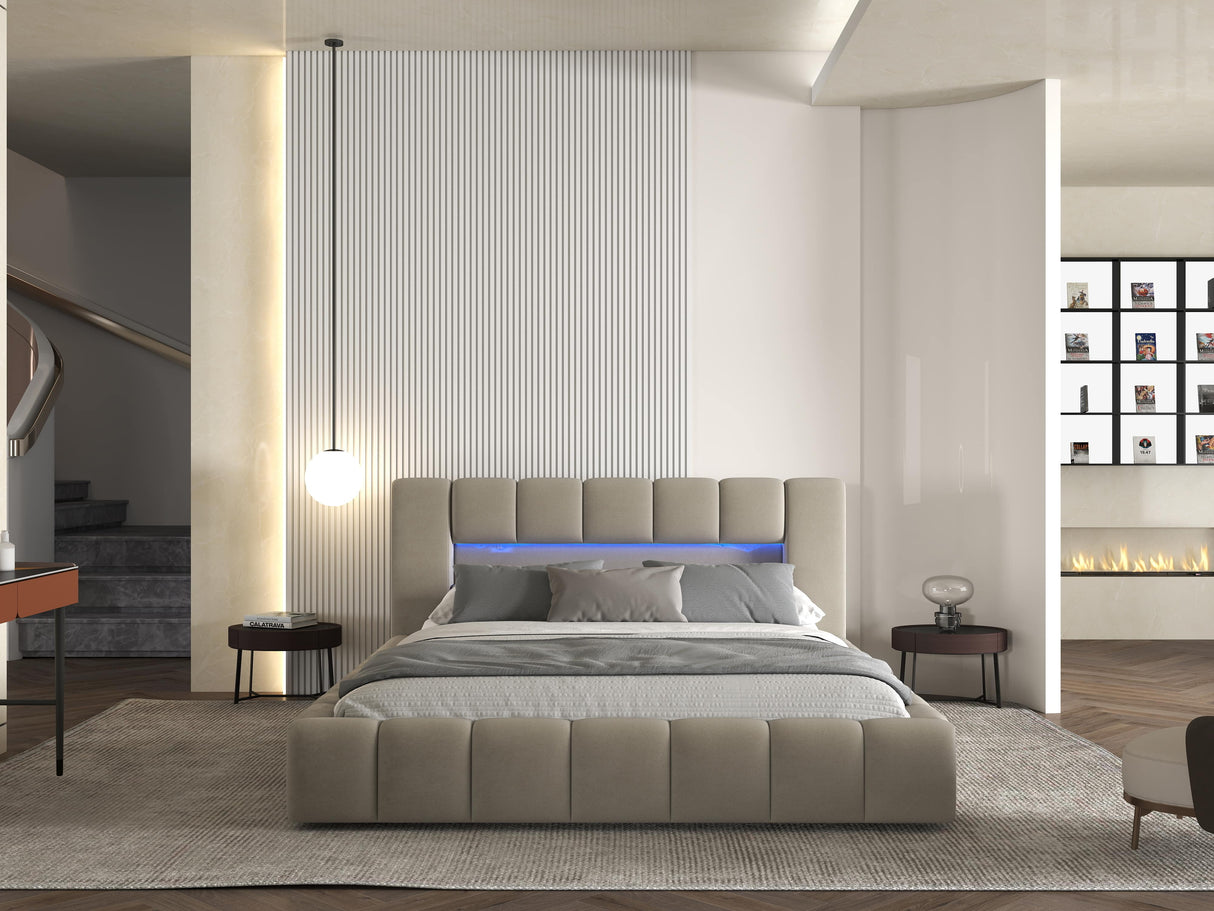 Set Pat dormitor dumonde, tapitat bej cu LED si USB, Palermo 180x200 cm, somiera rabatabila inclusa, spatiu depozitare + saltea