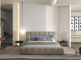 Set Pat dormitor dumonde, tapitat bej cu LED si USB, Palermo 180x200 cm, somiera rabatabila inclusa, spatiu depozitare + saltea