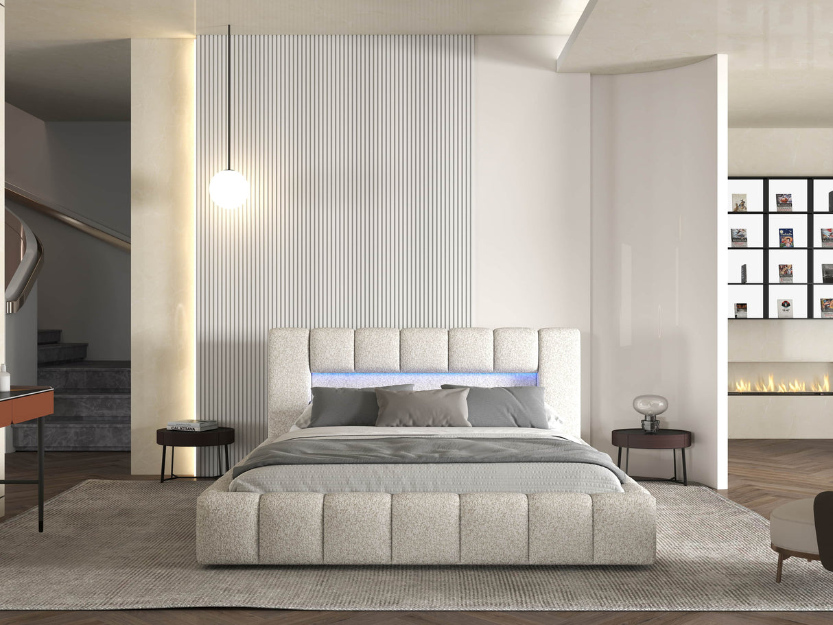 Pat dormitor dumonde, tapitat alb cu LED si USB, Palermo 180x200 cm, somiera rabatabila inclusa, spatiu depozitare WLS
