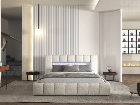 Pat dormitor dumonde, tapitat alb cu LED si USB, Palermo 180x200 cm, somiera rabatabila inclusa, spatiu depozitare WLS