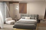 Set Pat dormitor dumonde, tapitat gri cu LED, "floating bed" Cloud 140x200 cm, somiera inclusa + saltea