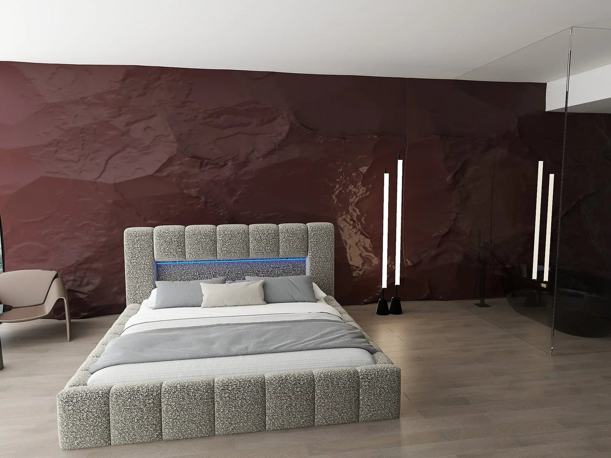 Pat dormitor dumonde, tapitat bej cu LED si USB, Palermo 160x200 cm, somiera rabatabila inclusa, spatiu depozitare WLS