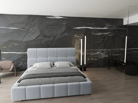 Pat dormitor dumonde, tapitat gri, Prestige 160x200 cm, somiera rabatabila inclusa, spatiu depozitare WLS