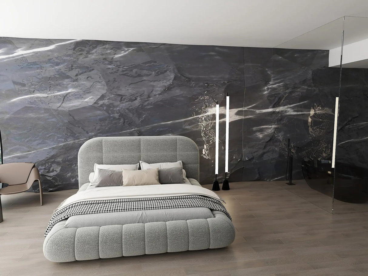 Pat dormitor dumonde, tapitat gri, Senso 160x200 cm, somiera rabatabila inclusa, spatiu depozitare dumonde