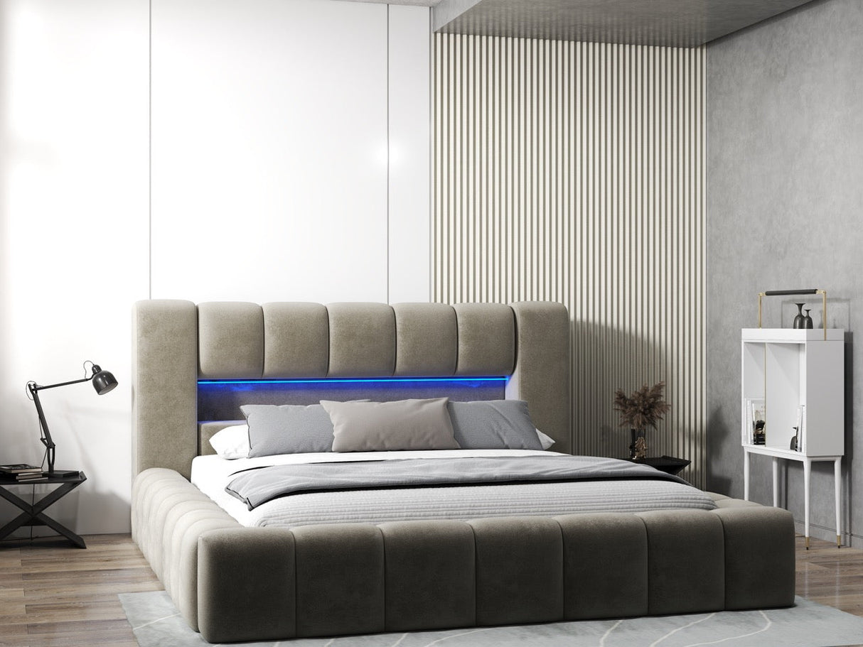 Pat dormitor dumonde, tapitat bej cu LED si USB, Palermo 160x200 cm, somiera rabatabila inclusa, spatiu depozitare WLS