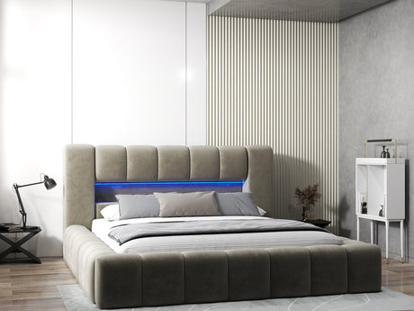 Pat dormitor dumonde, tapitat bej cu LED si USB, Palermo 160x200 cm, somiera rabatabila inclusa, spatiu depozitare WLS