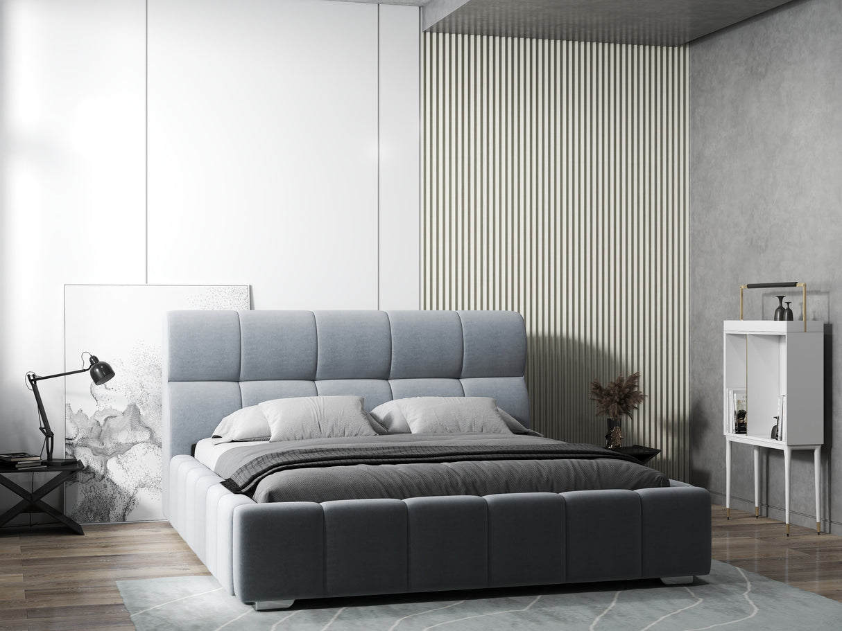 Pat dormitor dumonde, tapitat gri, Prestige 160x200 cm, somiera rabatabila inclusa, spatiu depozitare WLS