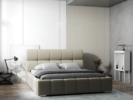 Pat dormitor dumonde, tapitat bej, Prestige 160x200 cm, somiera rabatabila inclusa, spatiu depozitare WLS