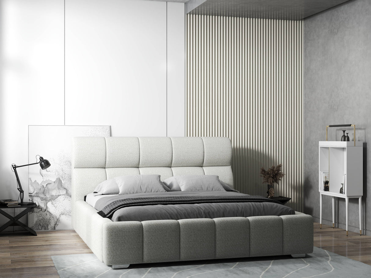 Pat dormitor dumonde, tapitat bej, Prestige 180x200 cm, somiera rabatabila inclusa, spatiu depozitare WLS