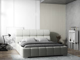 Pat dormitor dumonde, tapitat bej, Prestige 180x200 cm, somiera rabatabila inclusa, spatiu depozitare WLS