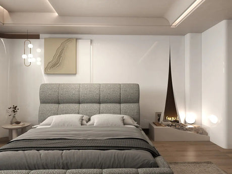 Pat dormitor dumonde, tapitat bej, Prestige 180x200 cm, somiera rabatabila inclusa, spatiu depozitare WLS