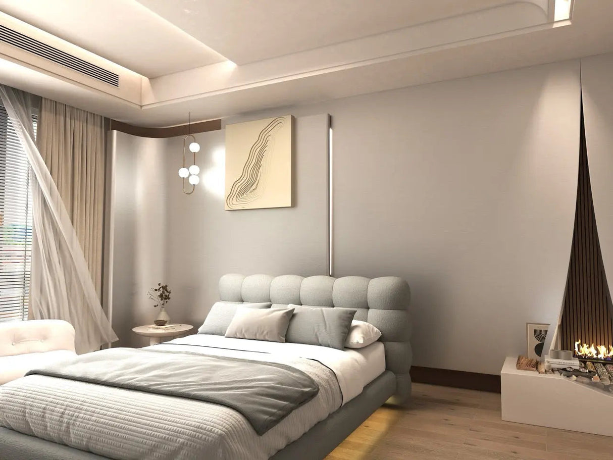 Set Pat dormitor dumonde, tapitat gri cu LED, "floating bed" Cloud 180x200 cm, somiera inclusa + saltea