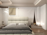 Pat dormitor dumonde, tapitat bej, Prestige 180x200 cm, somiera rabatabila inclusa, spatiu depozitare WLS