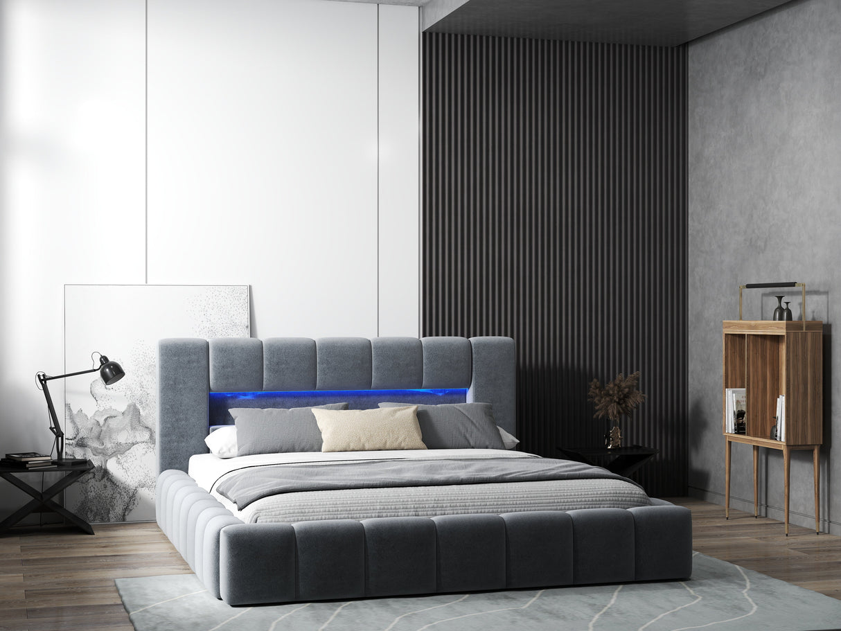 Pat dormitor dumonde, tapitat gri cu LED si USB, Palermo 180x200 cm, somiera rabatabila inclusa, spatiu depozitare WLS