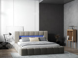 Pat dormitor dumonde, tapitat bej cu LED si USB, Palermo 180x200 cm, somiera rabatabila inclusa, spatiu depozitare WLS