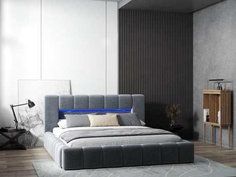 Pat dormitor dumonde, tapitat gri cu LED si USB, Palermo 140x200 cm, somiera rabatabila inclusa, spatiu depozitare WLS