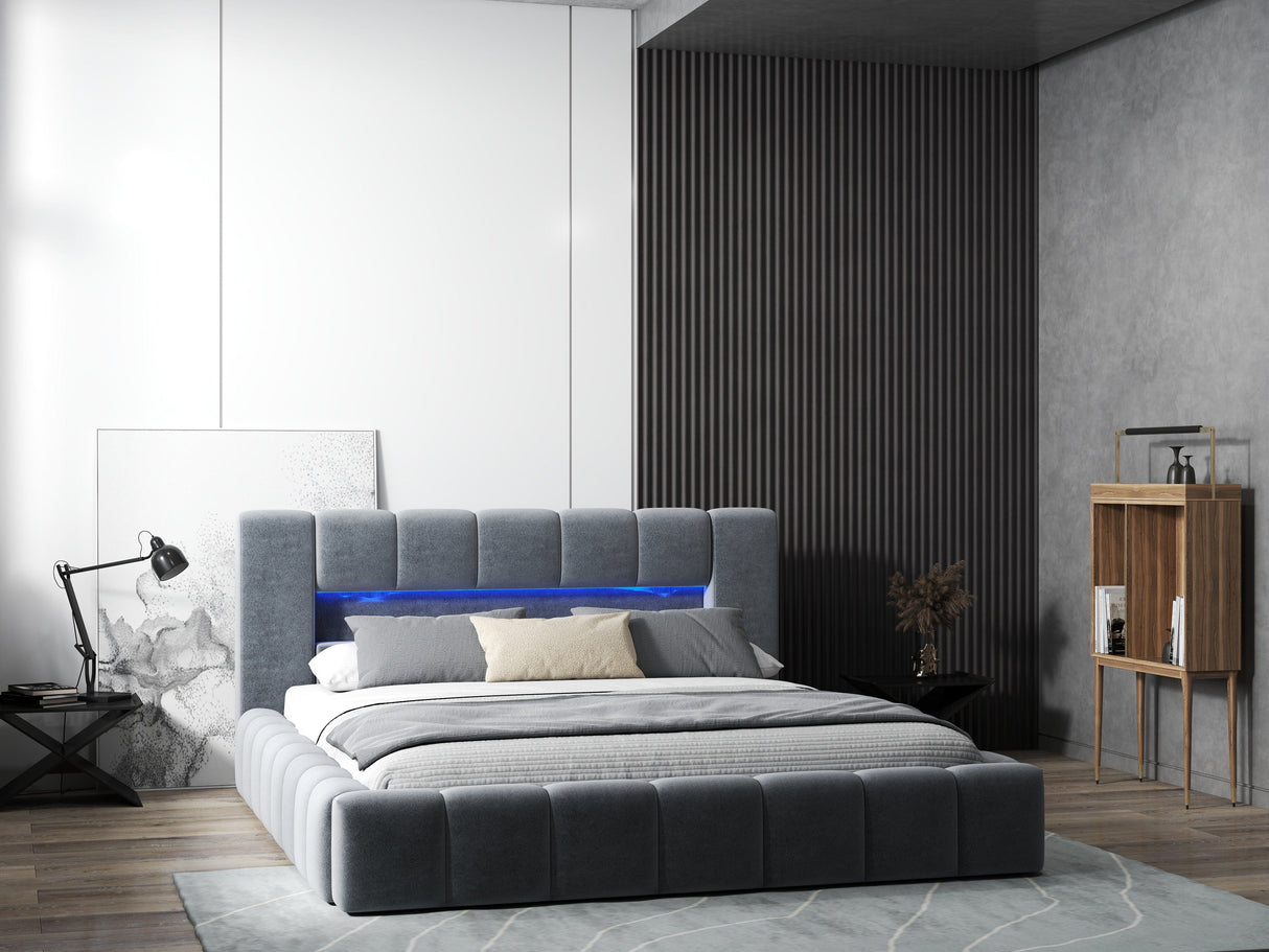 Pat dormitor dumonde, tapitat gri cu LED si USB, Palermo 160x200 cm, somiera rabatabila inclusa, spatiu depozitare (Copy) WLS