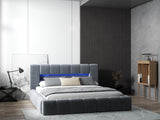 Pat dormitor dumonde, tapitat gri cu LED si USB, Palermo 160x200 cm, somiera rabatabila inclusa, spatiu depozitare (Copy) WLS