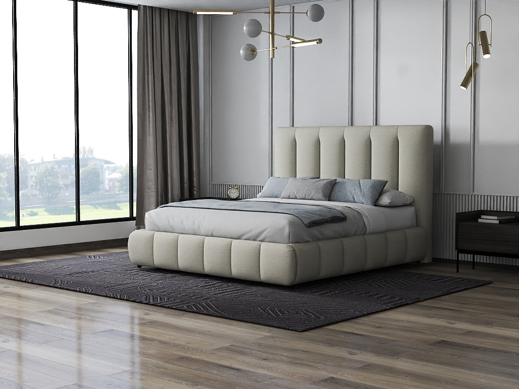 Set Pat dormitor dumonde, tapitat gri, Divaneo 160x200 cm, somiera rabatabila inclusa, spatiu depozitare + saltea