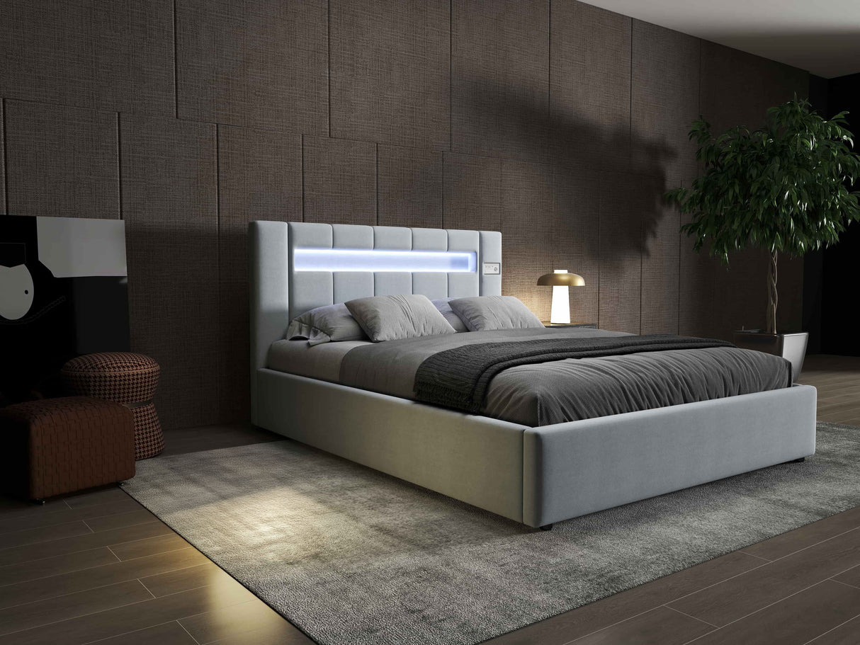 Set Pat dormitor dumonde, tapitat gri, Glow 140x200 cm, somiera rabatabila inclusa, spatiu depozitare + saltea