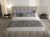 Set Pat dormitor dumonde, tapitat bej cu LED si USB, Palermo 180x200 cm, somiera rabatabila inclusa, spatiu depozitare + saltea