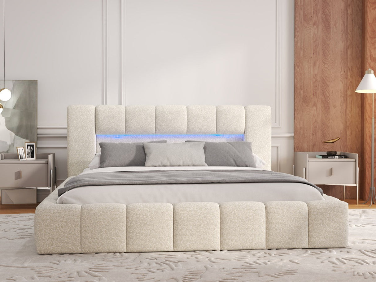 Pat dormitor dumonde, tapitat bej cu LED si USB, Palermo 160x200 cm, somiera rabatabila inclusa, spatiu depozitare
