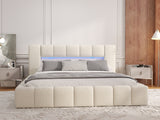 Pat dormitor dumonde, tapitat bej cu LED si USB, Palermo 160x200 cm, somiera rabatabila inclusa, spatiu depozitare