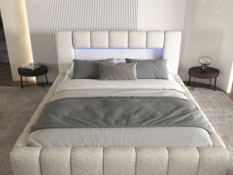 Set Pat dormitor dumonde, tapitat gri cu LED si USB, Palermo 160x200 cm, somiera rabatabila inclusa, spatiu depozitare + saltea