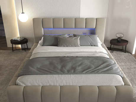 Pat dormitor dumonde, tapitat bej cu LED si USB, Palermo 180x200 cm, somiera rabatabila inclusa, spatiu depozitare WLS