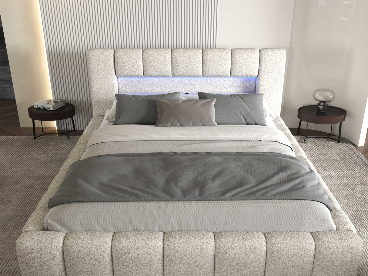 Pat dormitor dumonde, tapitat alb cu LED si USB, Palermo 180x200 cm, somiera rabatabila inclusa, spatiu depozitare WLS