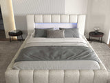 Pat dormitor dumonde, tapitat alb cu LED si USB, Palermo 180x200 cm, somiera rabatabila inclusa, spatiu depozitare WLS
