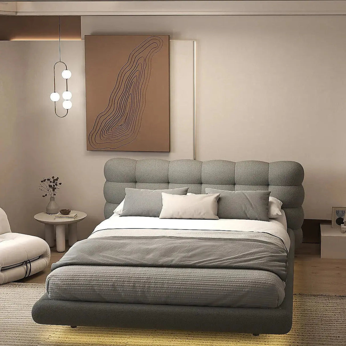 Set Pat dormitor dumonde, tapitat gri cu LED, "floating bed" Cloud 140x200 cm, somiera inclusa + saltea