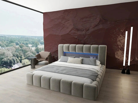 Pat dormitor dumonde, tapitat bej cu LED si USB, Palermo 140x200 cm, somiera rabatabila inclusa, spatiu depozitare