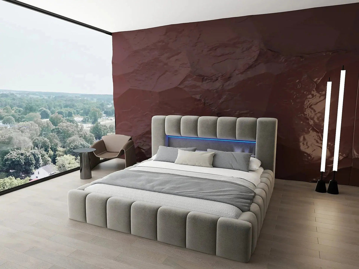 Pat dormitor dumonde, tapitat bej cu LED si USB, Palermo 140x200 cm, somiera rabatabila inclusa, spatiu depozitare