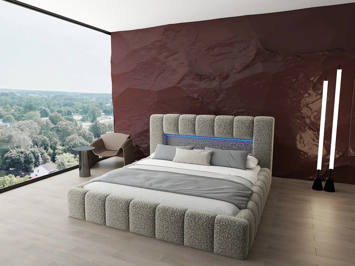 Set Pat dormitor dumonde, tapitat bej cu LED si USB, Palermo 160x200 cm, somiera rabatabila inclusa, spatiu depozitare + saltea