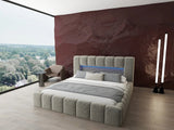 Set Pat dormitor dumonde, tapitat bej cu LED si USB, Palermo 160x200 cm, somiera rabatabila inclusa, spatiu depozitare + saltea