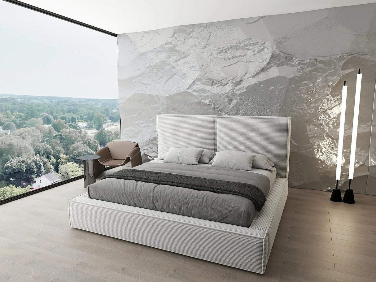 Pat dormitor dumonde, tapitat bej, Dreamer 160x200 cm, somiera rabatabila inclusa, spatiu depozitare WLS