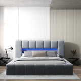 Pat dormitor dumonde, tapitat gri cu LED si USB, Palermo 160x200 cm, somiera rabatabila inclusa, spatiu depozitare WLS