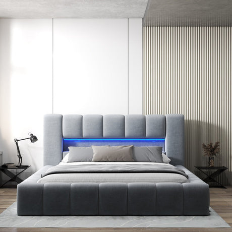 Pat dormitor dumonde, tapitat gri cu LED si USB, Palermo 160x200 cm, somiera rabatabila inclusa, spatiu depozitare WLS