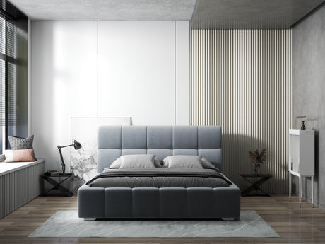 Pat dormitor dumonde, tapitat gri, Prestige 160x200 cm, somiera rabatabila inclusa, spatiu depozitare WLS