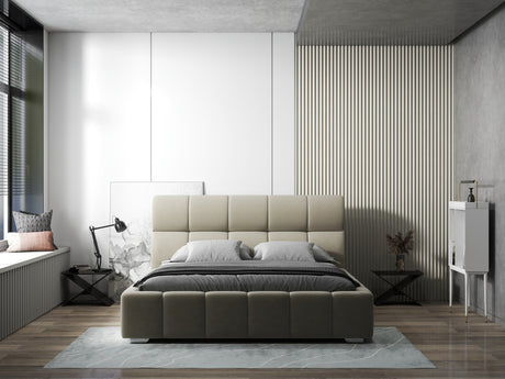 Pat dormitor dumonde, tapitat bej, Prestige 160x200 cm, somiera rabatabila inclusa, spatiu depozitare WLS