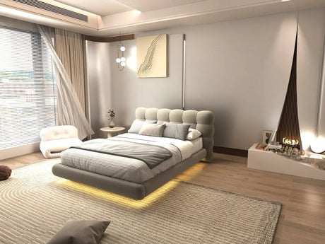 Pat dormitor dumonde, tapitat bej cu LED, "floating bed" Cloud 160x200 cm, somiera inclusa WLS