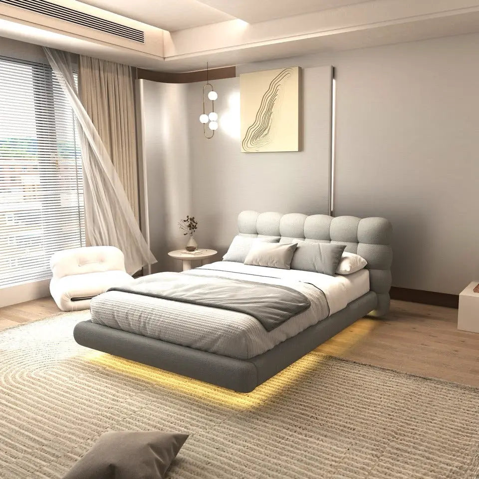 Pat dormitor dumonde, tapitat gri cu LED, "floating bed" Cloud 180x200 cm, somiera inclusa