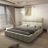 Pat dormitor dumonde, tapitat bej, Prestige 180x200 cm, somiera rabatabila inclusa, spatiu depozitare WLS