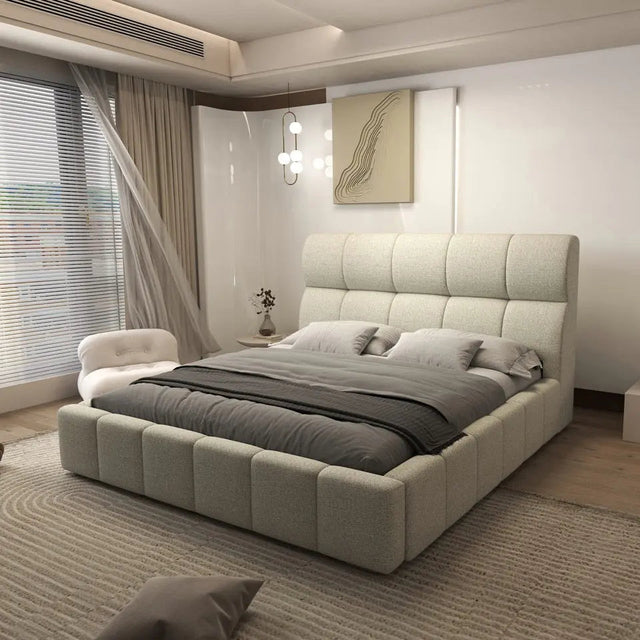 Pat dormitor dumonde, tapitat bej, Prestige 180x200 cm, somiera rabatabila inclusa, spatiu depozitare WLS