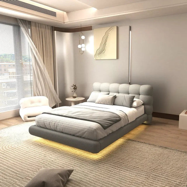 Pat dormitor dumonde, tapitat gri cu LED, "floating bed" Cloud 180x200 cm, somiera inclusa WLS