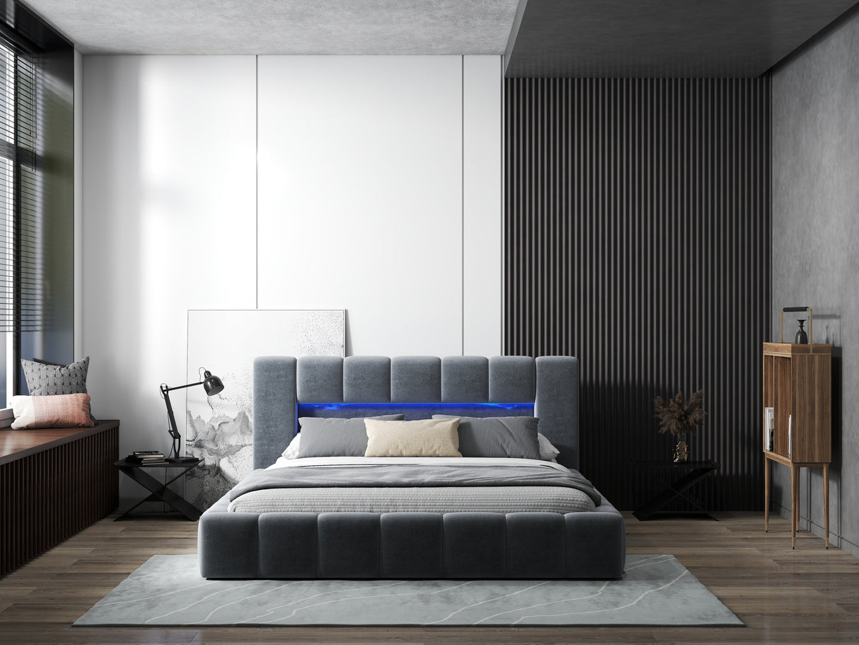 Pat dormitor dumonde, tapitat gri cu LED si USB, Palermo 180x200 cm, somiera rabatabila inclusa, spatiu depozitare WLS