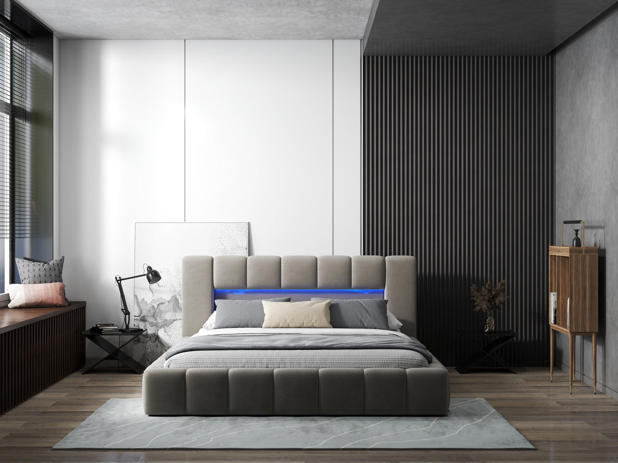 Pat dormitor dumonde, tapitat bej cu LED si USB, Palermo 180x200 cm, somiera rabatabila inclusa, spatiu depozitare WLS