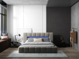 Pat dormitor dumonde, tapitat bej cu LED si USB, Palermo 180x200 cm, somiera rabatabila inclusa, spatiu depozitare WLS