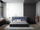 Pat dormitor dumonde, tapitat gri cu LED si USB, Palermo 140x200 cm, somiera rabatabila inclusa, spatiu depozitare WLS